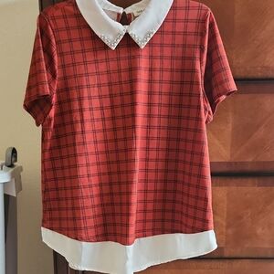 Red Plaid Top with White Collar
